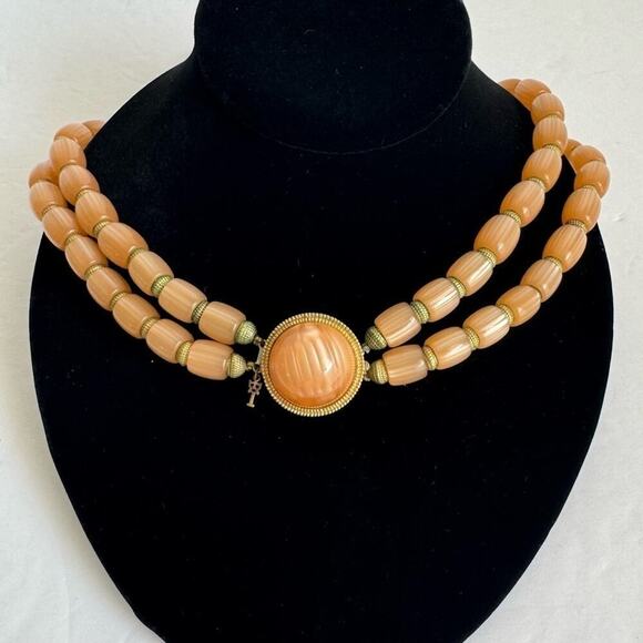 Trifari Moonglow Necklace Multi-Strand Beaded Vintage Crown Peach Orange Lucite - Picture 2 of 10